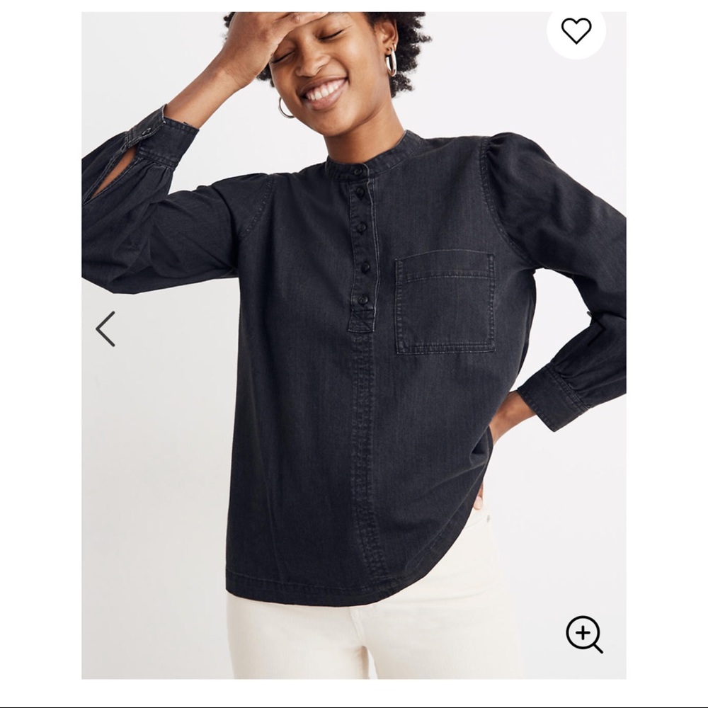 Madewell Black Denim Collarless Popover Shirt Size XS Minimalist Balloon Sleeves